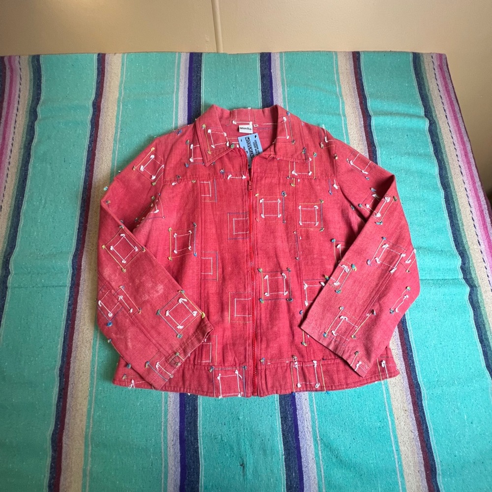 Mohito Jacket Womens XL Red Cotton Zip Up Geometric Embroidered Art To Wear Boho